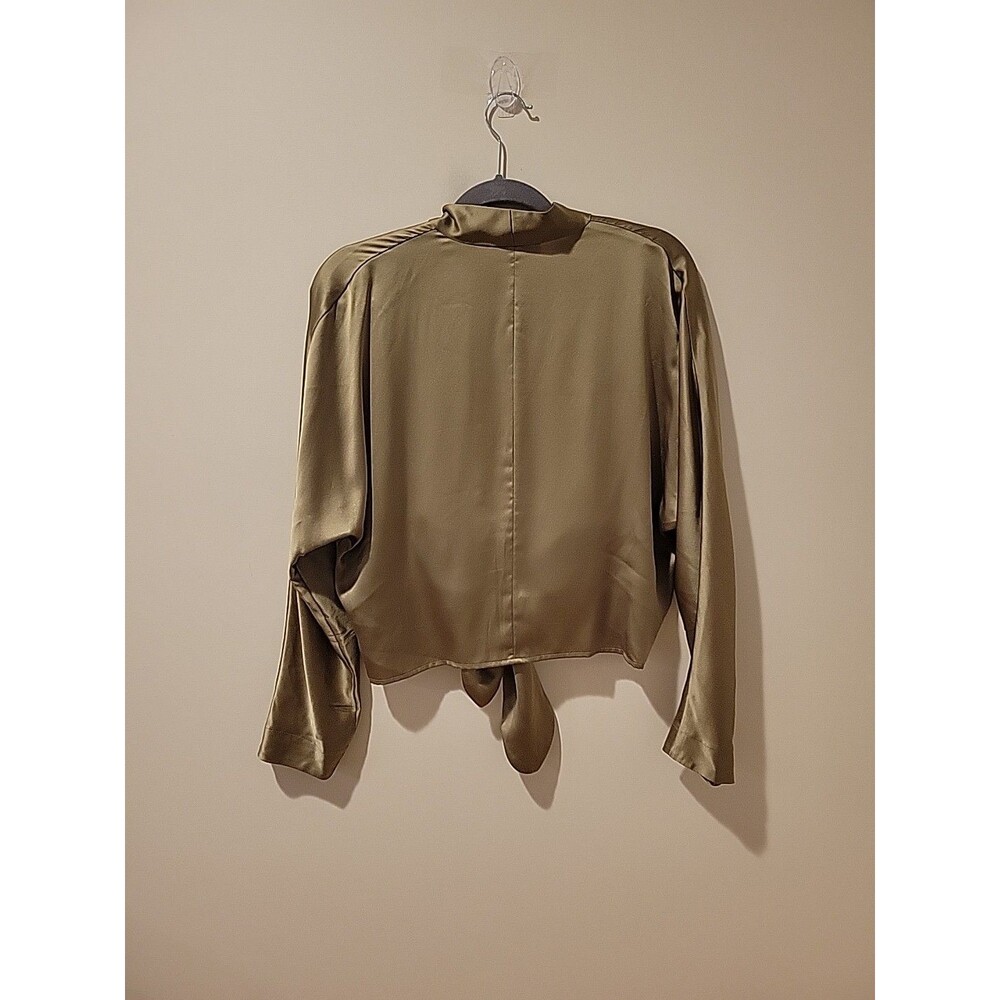 The Sei Silk Tie Front Blouse Size 4 Olive Satin Luxury Modern Minimalist Top - Picture 7 of 10